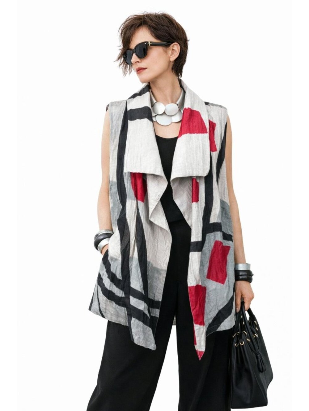 Alexis Abrams Wearable Art Silk Linen Geo Handpainted 60s Mod Artsy M Tunic Vest